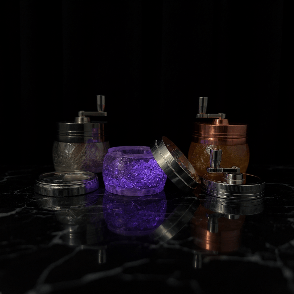Crystal Hand Crank Herb Grinder - Collection of herb grinders with metallic lids on a reflective surface