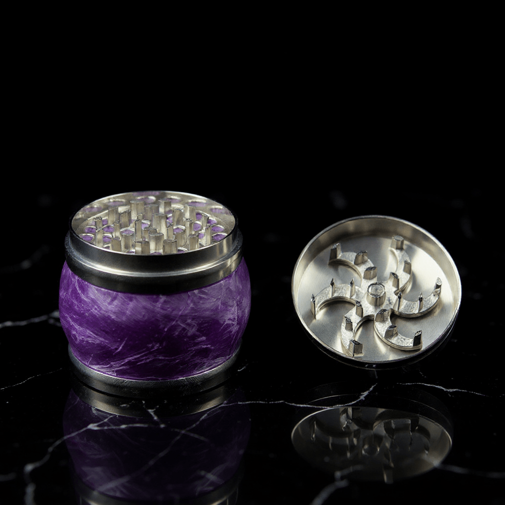 Crystal Hand Crank Herb GrinderPurple marble - patterned herb grinder with metal top on a reflective black surface