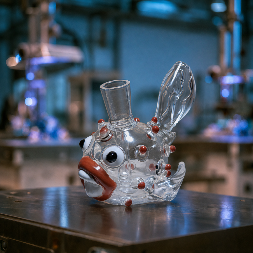 A clear glass novelty smoking piece shaped like a cartoon fish head with red lips, large black-and-white eyes, and red bead accents, displayed on a dark metal surface with a blurred laboratory background.