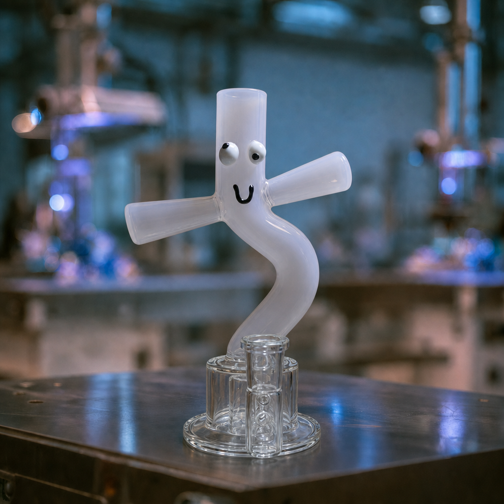 A sculptural frosted glass object with a curved, snake-like form and cartoon eyes/mouth, displayed on a clear glass stand on a metal workbench with a blurred laboratory background.