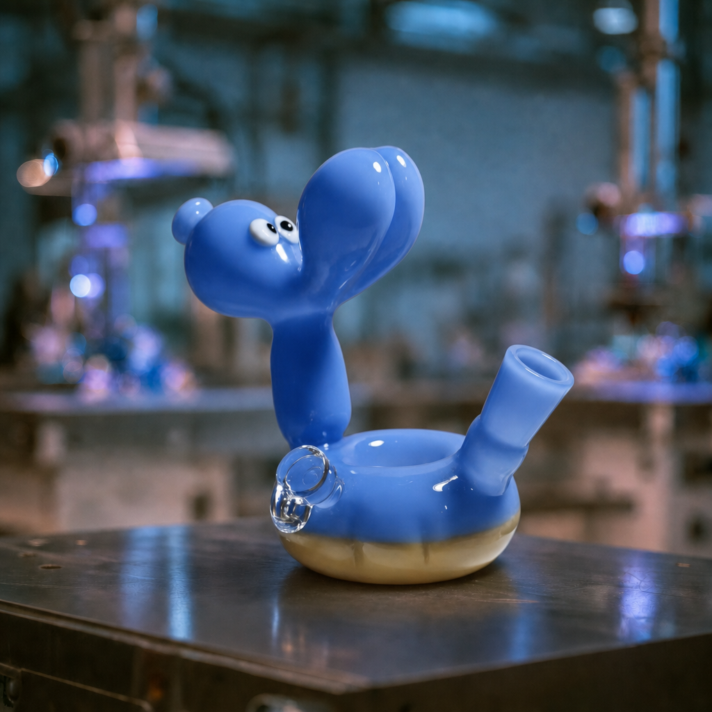 A glossy blue novelty glass water pipe with a cartoonish raised head and a clear glass bubble detail, displayed on a dark metal surface with a blurred laboratory background.