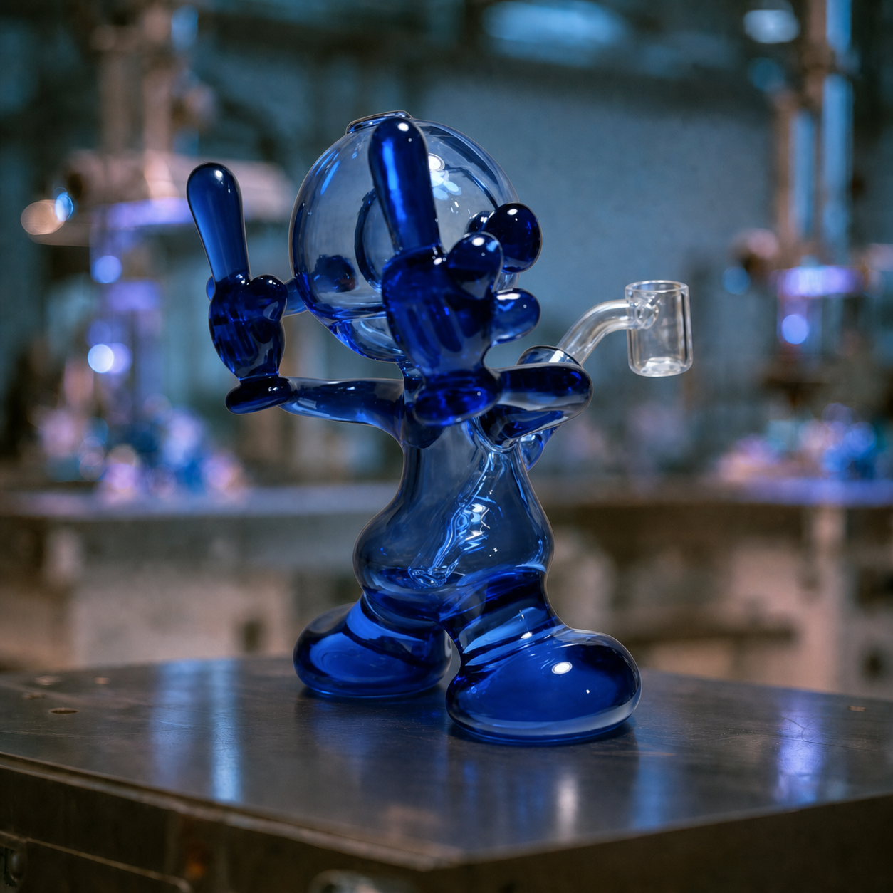 A translucent blue glass figurine shaped like a cartoon character holding a small clear glass bowl, displayed on a metallic surface with a blurred workshop or studio background.