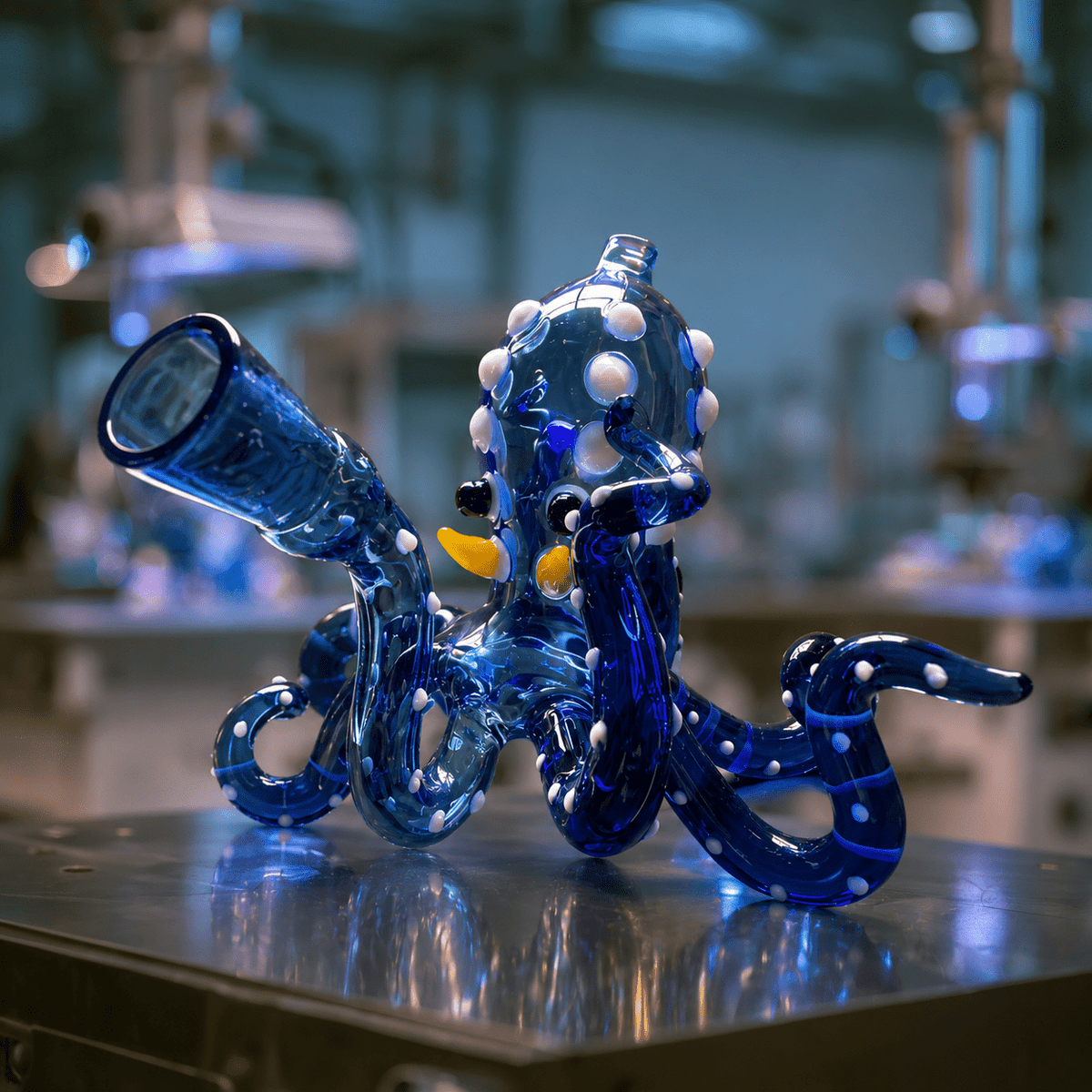 Custom Glass Bong – Personalized Handmade Glass BongA blue glass octopus-shaped water pipe with white polka dots, yellow mouth details, and a clear glass mouthpiece, displayed on a reflective metal surface in a blurred laboratory setting.