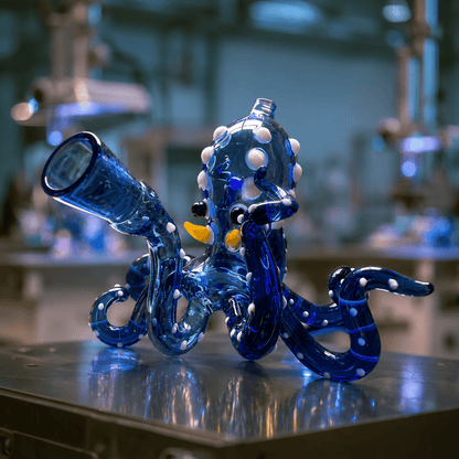 Custom Glass Bong – Personalized Handmade Glass BongA blue glass octopus-shaped water pipe with white polka dots, yellow mouth details, and a clear glass mouthpiece, displayed on a reflective metal surface in a blurred laboratory setting.