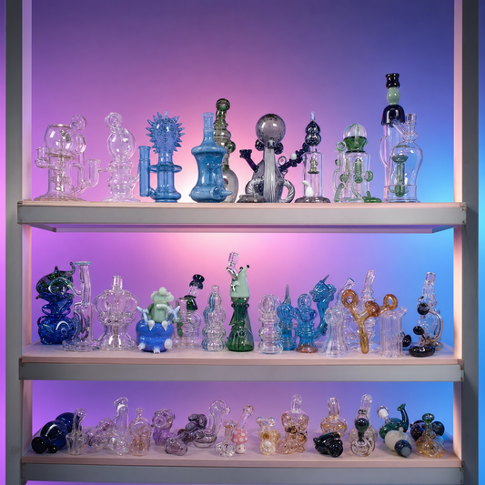 Custom Glass Bong – Personalized Handmade Glass BongA collection of colorful, intricately shaped glass water pipes and bowls displayed on three wooden shelves against a vibrant pink and purple gradient background.