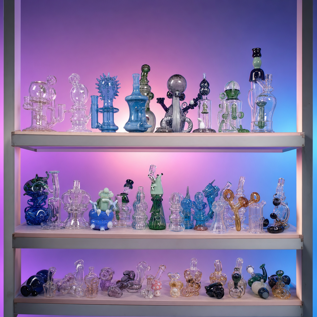 A collection of colorful, intricately shaped glass water pipes and bowls displayed on three wooden shelves against a vibrant pink and purple gradient background.