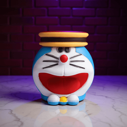 Cute Cat Crank Grinder blue Doraemon herb grinder with detailed facial design and open mouth