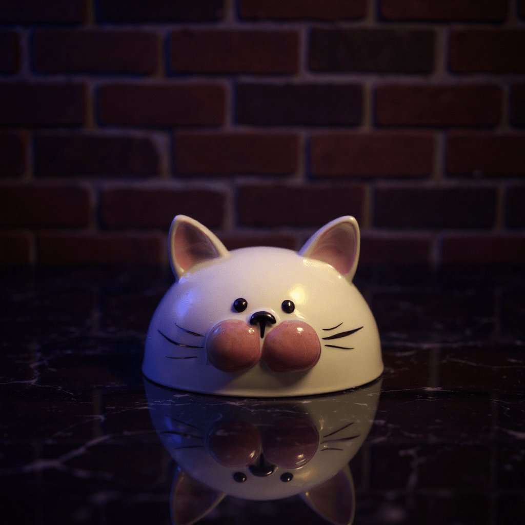 Cute Ceramic Cat Herb Grinder – Spice CrusherCat - shaped grinder head night light on a reflective surface
