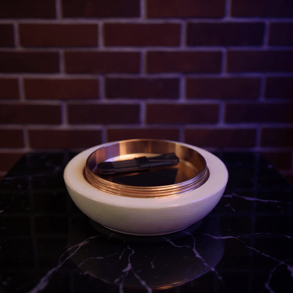 Cute Ceramic Dog Herb Grinder Copper tray with scraper tool resting inside dog - themed grinder base.