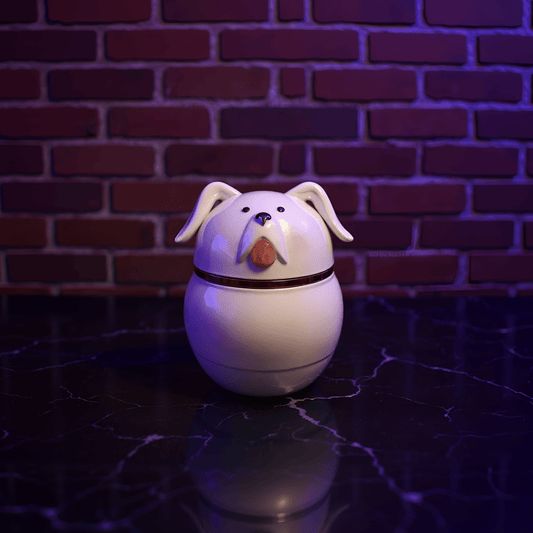 Cute Ceramic Dog Herb GrinderWhite dog - shaped ceramic herb grinder night light on a dark surface with a brick wall background