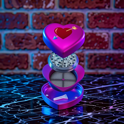 Cute Heart Shaped Herb Grinder – Cupid's Arrow Novelty Spice CrusherPurple heart - shaped grinder with a red heart and arrow on top, set against a brick wall.