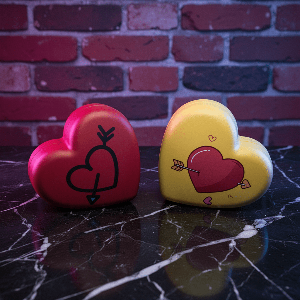 Cute Heart Shaped Herb Grinder – Cupid's Arrow Novelty Spice CrusherTwo heart - shaped grinder with designs on a marble surface against a brick wall background