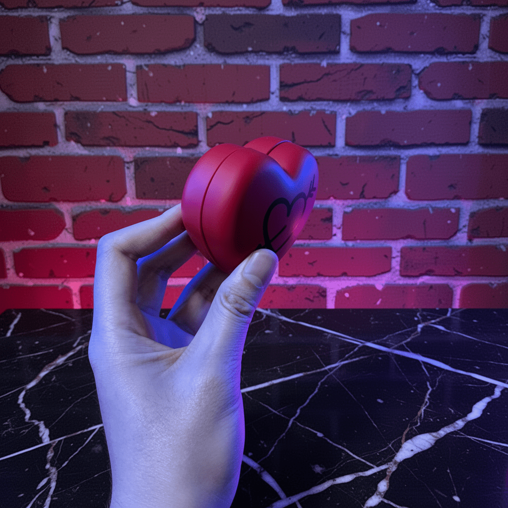 Cute Heart Shaped Herb Grinder – Cupid's Arrow Novelty Spice CrusherHeart - shaped grinder held by a hand against a brick wall background