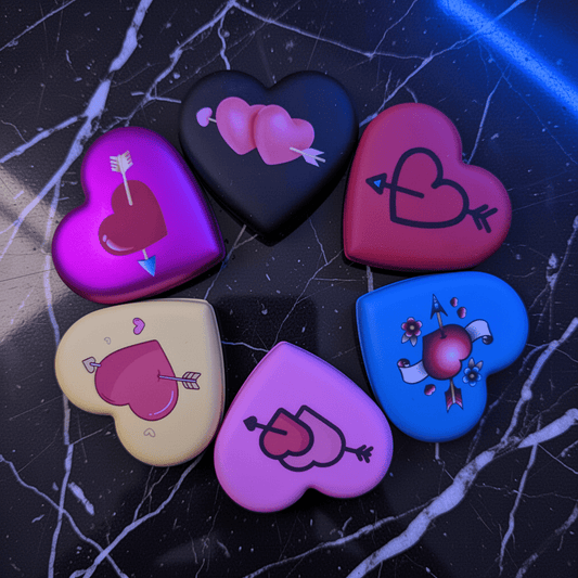 Cute Heart Shaped Herb Grinder – Cupid's Arrow Novelty Spice CrusherHeart - shaped grinder with various designs on a dark, cracked surface