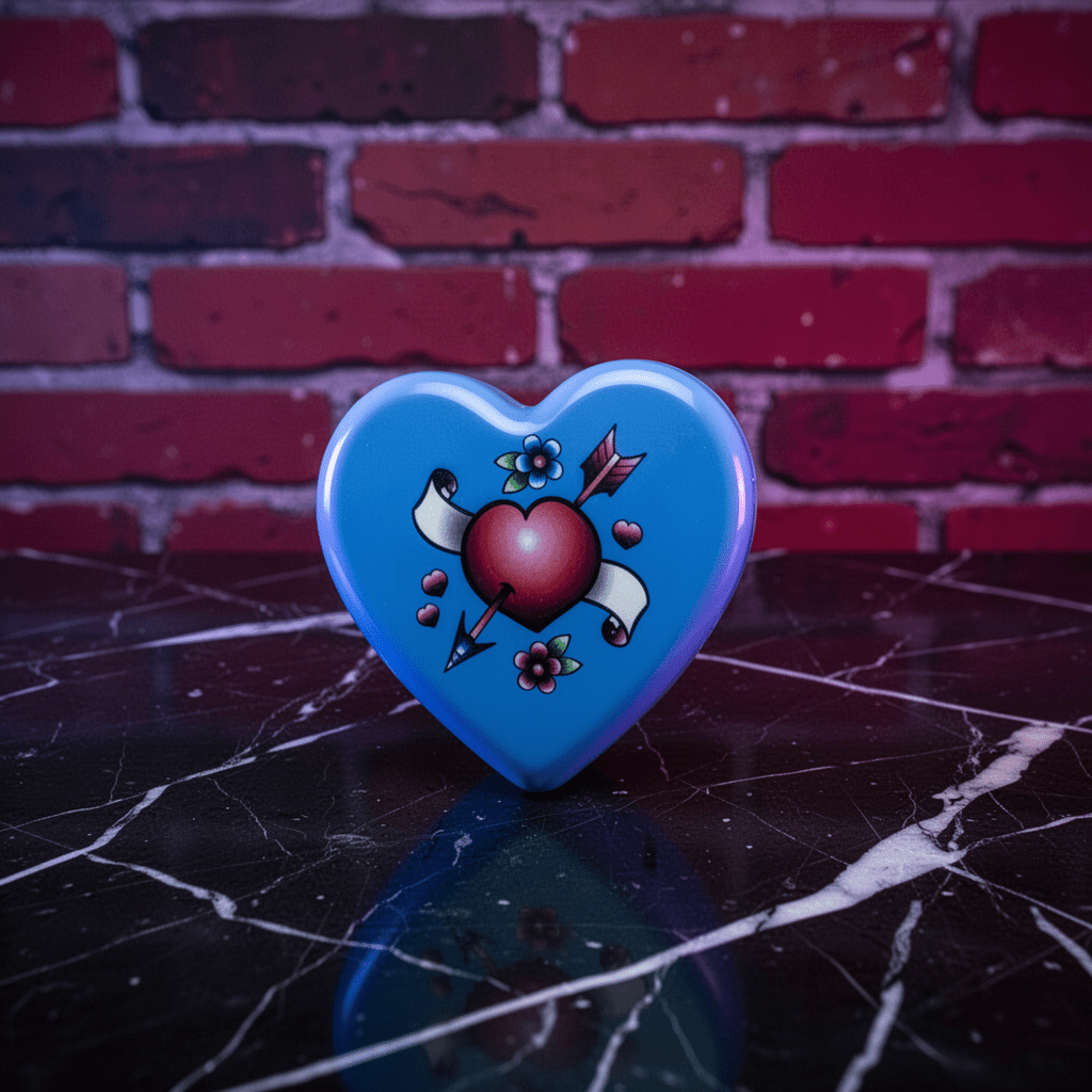 Cute Heart Shaped Herb Grinder – Cupid's Arrow Novelty Spice CrusherHeart - shaped blue with a design on a dark surface and brick wall background