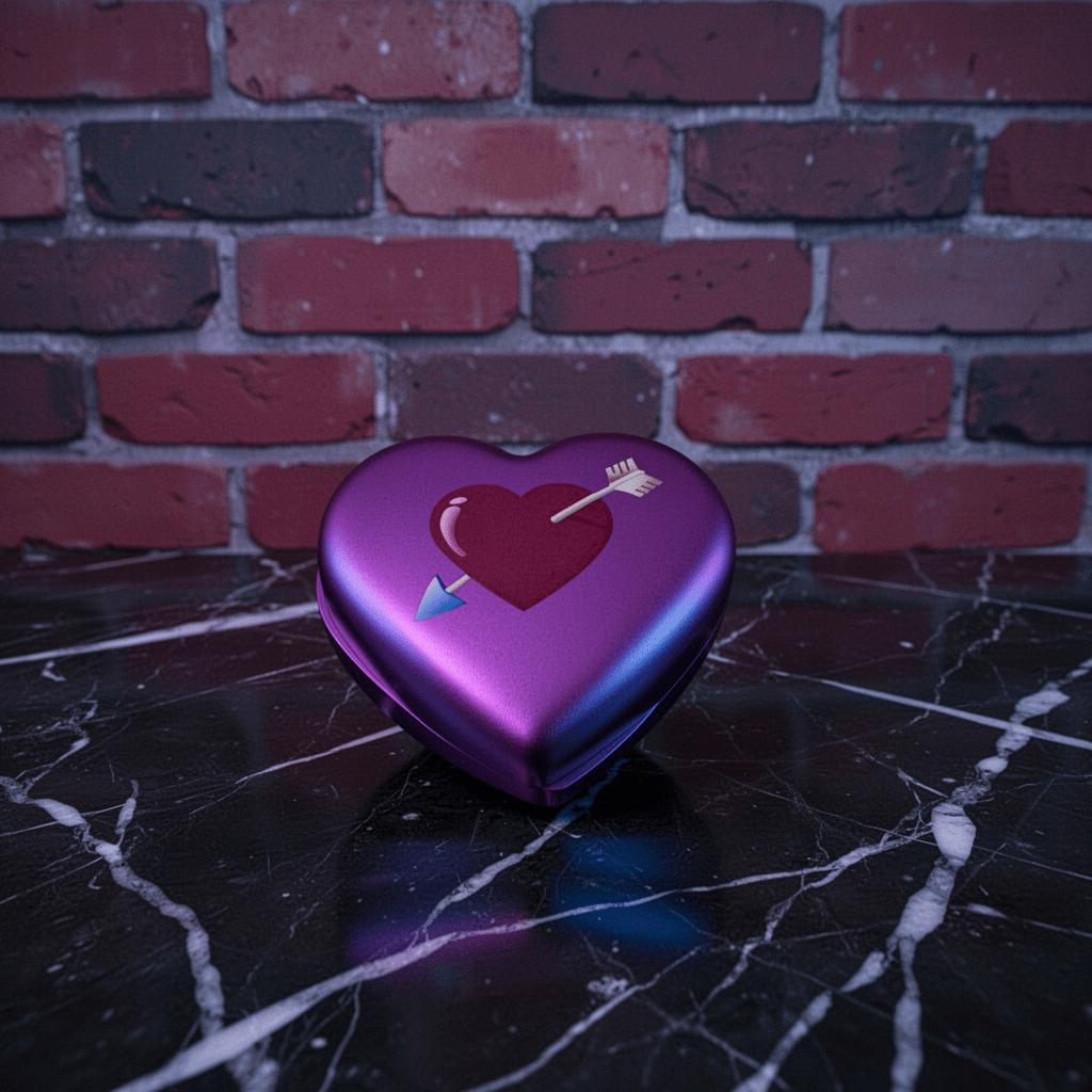 Cute Heart Shaped Herb Grinder – Cupid's Arrow Novelty Spice CrusherHeart - shaped purple grinder with an arrow design on a dark surface and brick wall background