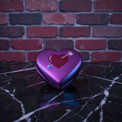 Cute Heart Shaped Herb Grinder – Cupid's Arrow Novelty Spice CrusherHeart - shaped purple grinder with an arrow design on a dark surface and brick wall background