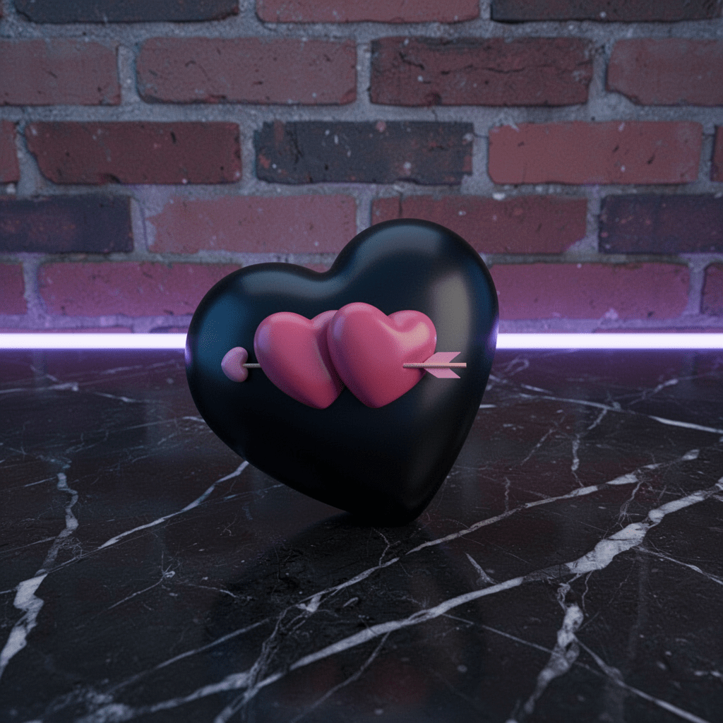 Cute Heart Shaped Herb Grinder – Cupid's Arrow Novelty Spice CrusherBlack heart - shaped grinder with pink hearts and an arrow on a dark surface with brick wall background