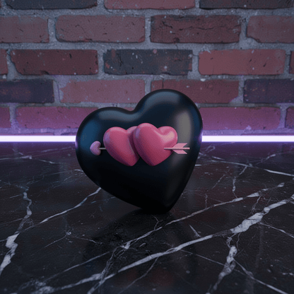 Cute Heart Shaped Herb Grinder – Cupid's Arrow Novelty Spice CrusherBlack heart - shaped grinder with pink hearts and an arrow on a dark surface with brick wall background