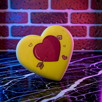 Cute Heart Shaped Herb Grinder – Cupid's Arrow Novelty Spice CrusherYellow heart - shaped grinder with a red heart and arrow design on a reflective surface with a brick wall background.