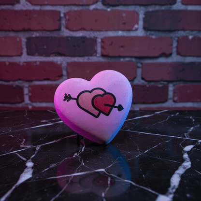 Cute Heart Shaped Herb Grinder – Cupid's Arrow Novelty Spice CrusherHeart - shaped pink grinder with a design on a dark surface and brick wall background