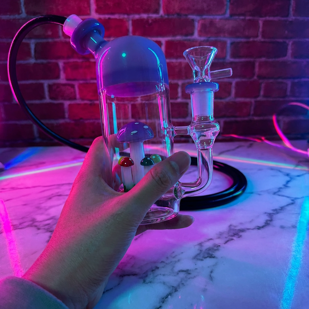 Cute Mushroom Percolator Bong – Mini Fairycore Glass BubblerGlass smoking bong held by a hand with a brick wall background
