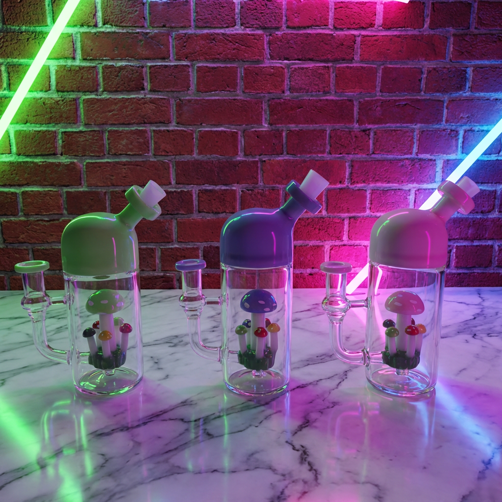 Cute Mushroom Percolator Bong – Mini Fairycore Glass BubblerClear water pipe with colorful lids on a marble surface with a brick wall background.