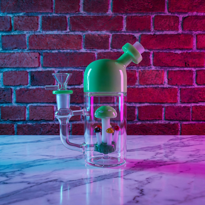 Cute Mushroom Percolator Bong – Mini Fairycore Glass BubblerGlass smoking bong with colorful components on a marble surface against a brick wall.