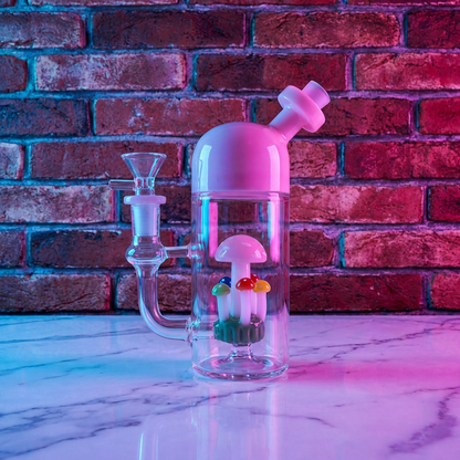Cute Mushroom Percolator Bong – Mini Fairycore Glass BubblerPink and clear glass water pipe with mushroom design on a marble surface against a brick wall.