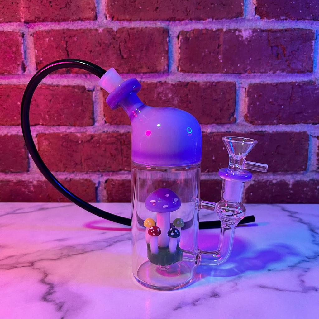 Cute Mushroom Percolator Bong – Mini Fairycore Glass BubblerTransparent water pipe with colorful mushroom decorations against a brick wall.
