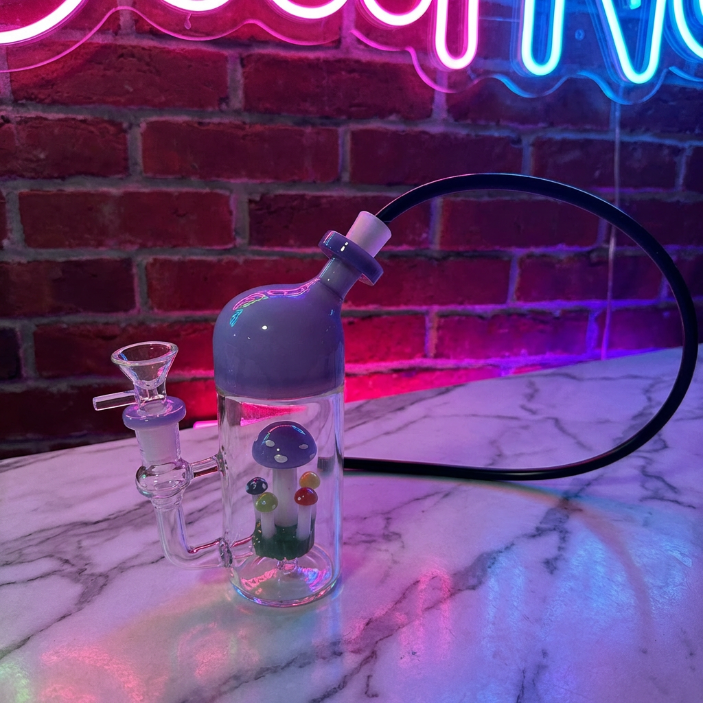Cute Mushroom Percolator Bong – Mini Fairycore Glass BubblerGlass water pipe with colorful beads on a marble surface with neon lights in the background.