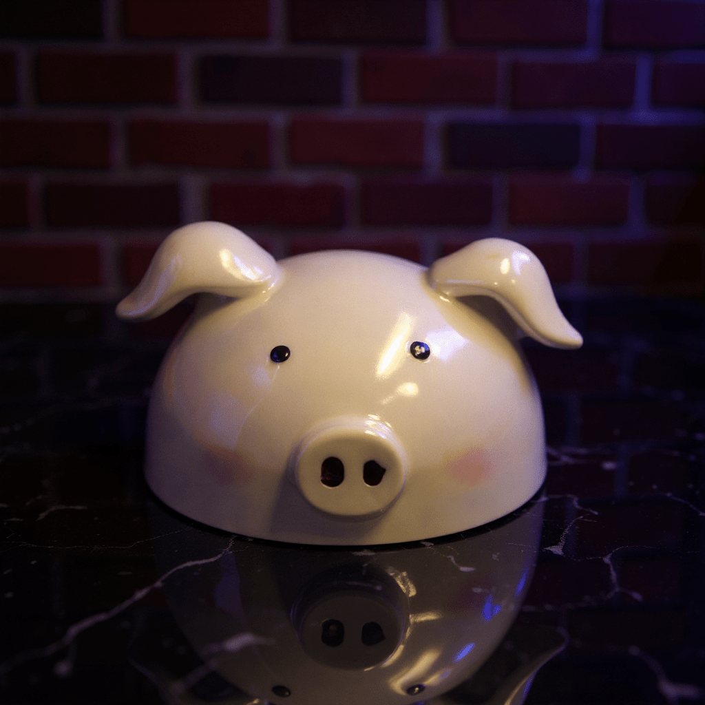 Cute Pig Ceramic Herb Grinder – Spice Crusher- White pig shaped grinder head on a reflective surface with a brick wall