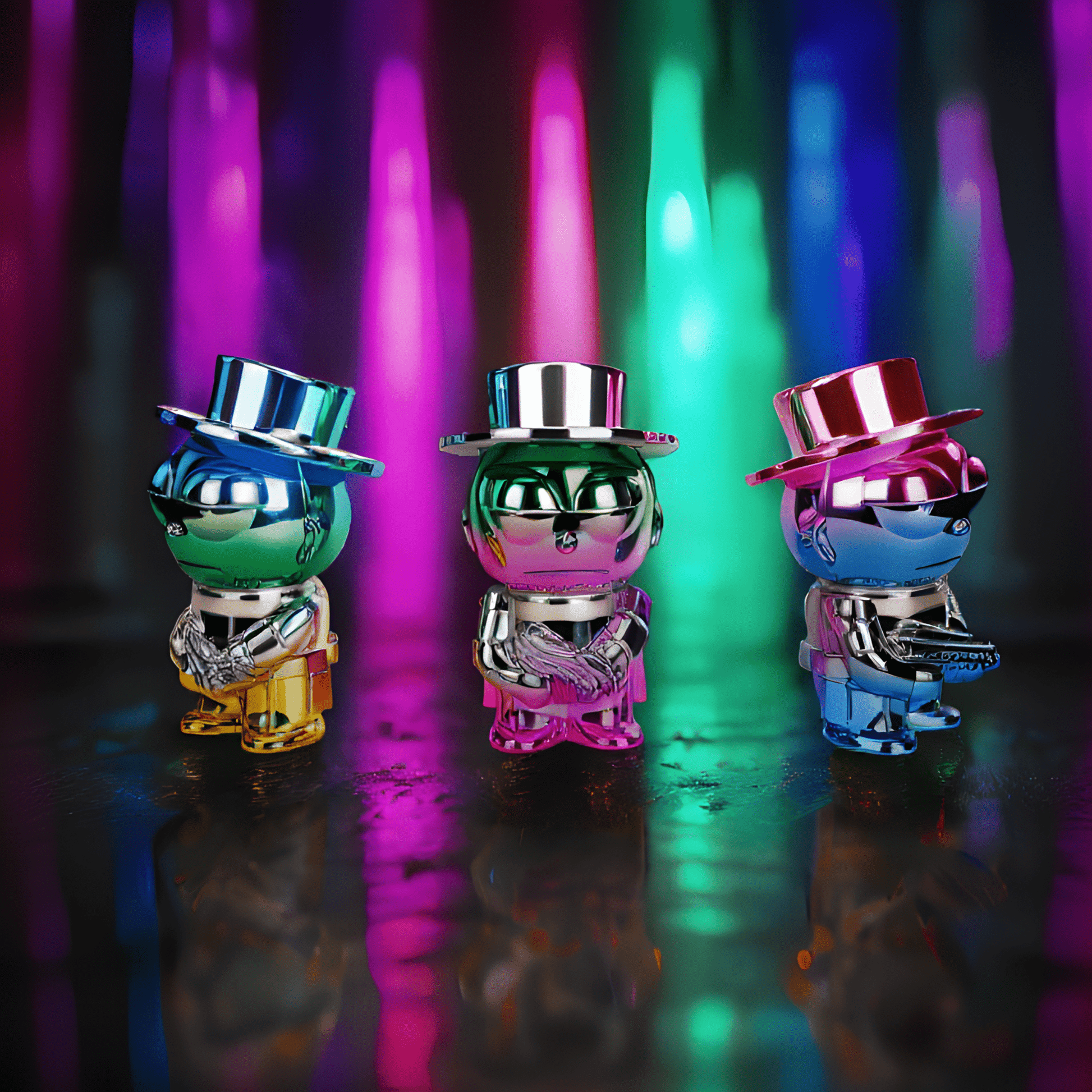 Cyber Punk Gangster GrinderChrome mob boss herb grinder with top hat and sunglasses, standing confidently on a neon