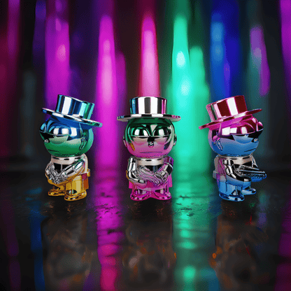Cyber Punk Gangster GrinderChrome mob boss herb grinder with top hat and sunglasses, standing confidently on a neon