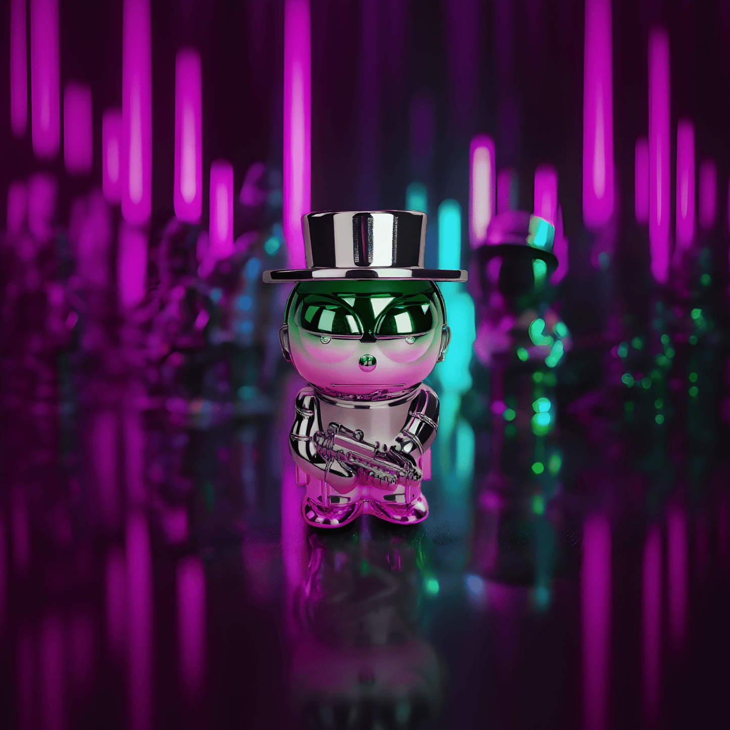Cyber Punk Gangster Grinder - focused image of chrome morty grinder with green and pink metallic finish, holding tiny gun