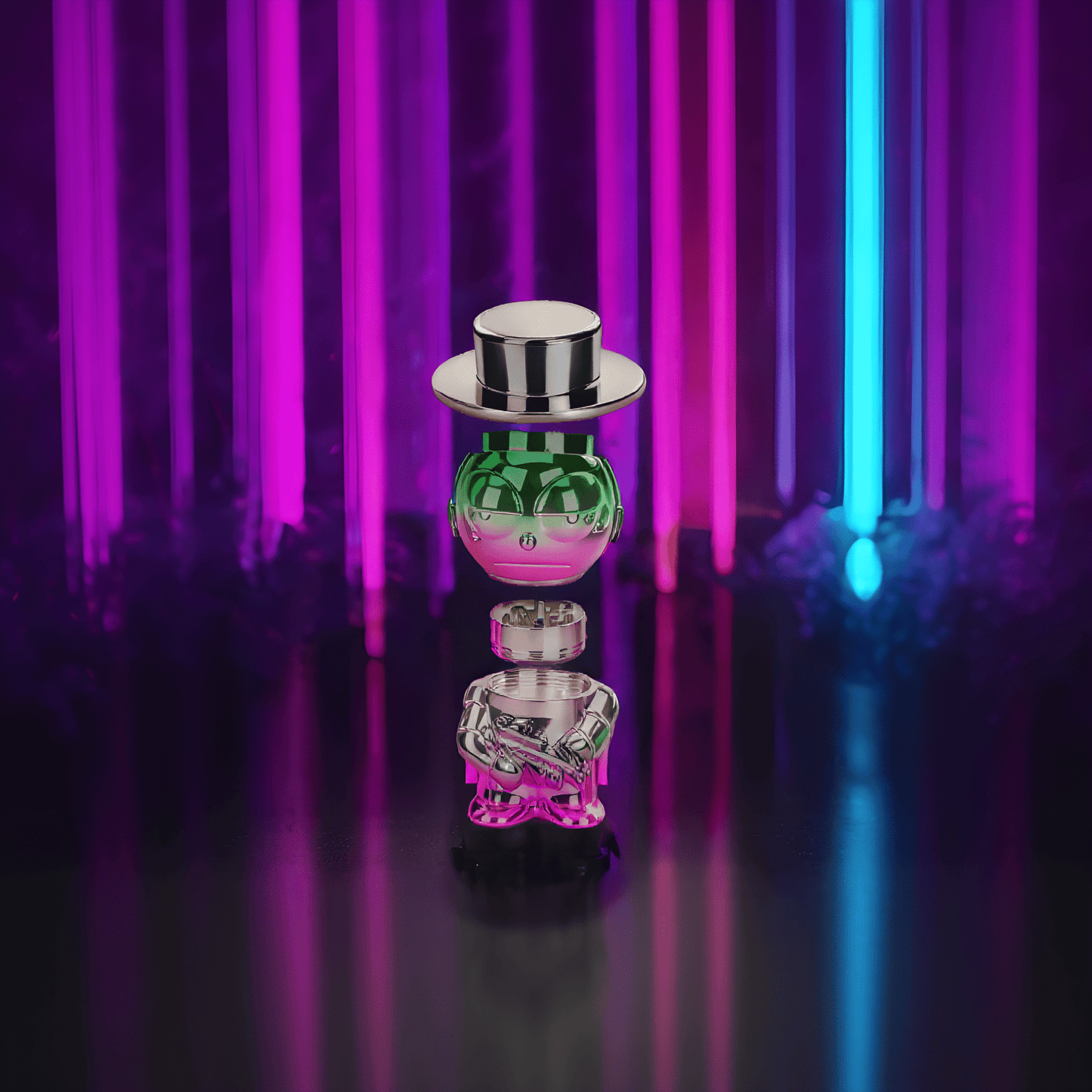 Cyber Punk Gangster GrinderExploded view of the chrome mob boss herb grinder showing internal components and grinder teeth.