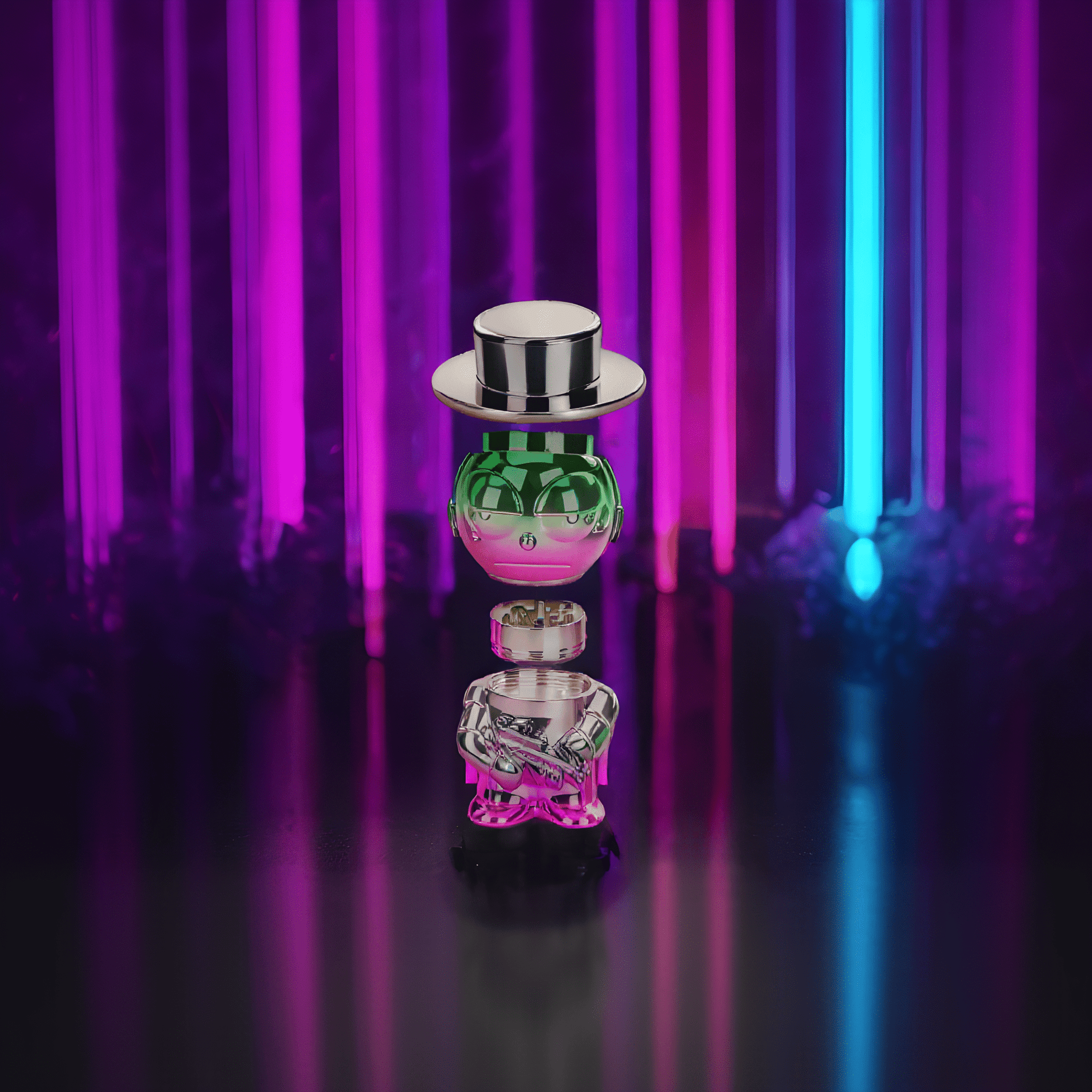 Cyber Punk Gangster GrinderExploded view of the chrome mob boss herb grinder showing internal components and grinder teeth.