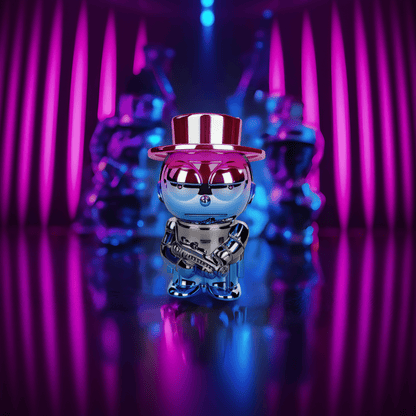 Cyber Punk Gangster GrinderBlue and red chrome herb grinder shaped like a gangster with a top hat and cross - armed pose.