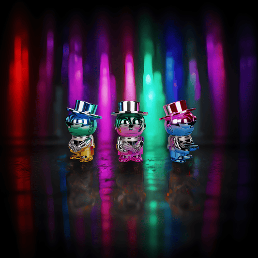 Cyber Punk Gangster GrinderThree chrome mob boss grinders in blue, green, and pink, lined up with colorful neon background.