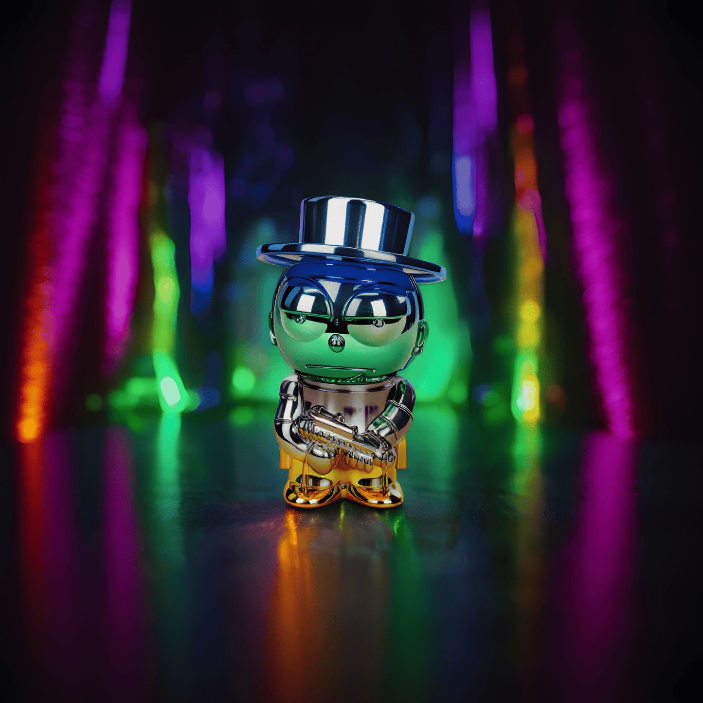 Cyber Punk Gangster Grinder - Chrome Morty boss grinder with blue top hat, green face, and golden legs