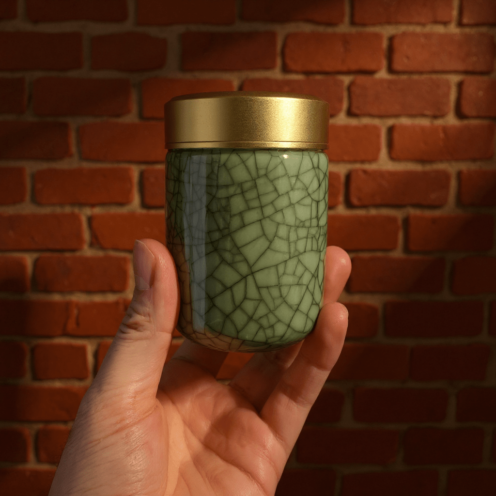 Deep Green Celadon Porcelain Stash Jar – Large & Small SizesHand holding a green celadon porcelain jar with a gold lid against a brick wall.