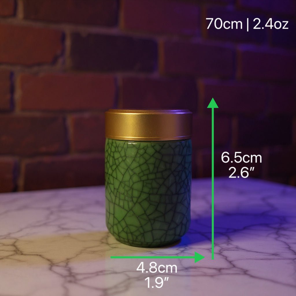 Deep Green Celadon Porcelain Stash Jar – Large & Small SizesGreen celadon porcelain stash jar with gold lid with measurements indicated