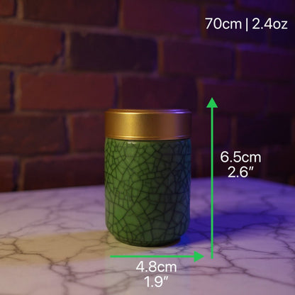 Deep Green Celadon Porcelain Stash Jar – Large & Small SizesGreen celadon porcelain stash jar with gold lid with measurements indicated