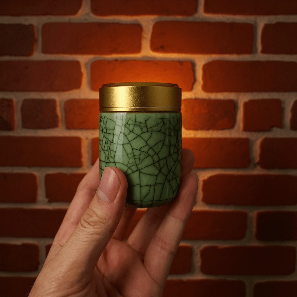 Deep Green Celadon Porcelain Stash Jar – Large & Small SizesHand holding a green celadon porcelain stash jar with a gold lid