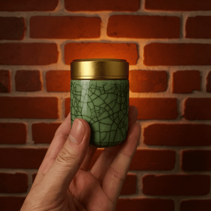 Deep Green Celadon Porcelain Stash Jar – Large & Small SizesHand holding a green celadon porcelain stash jar with a gold lid