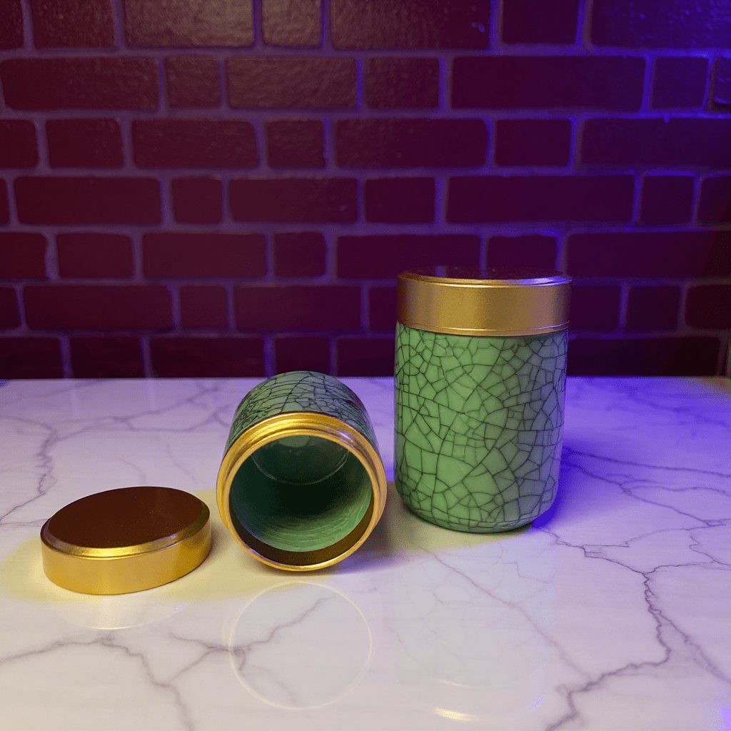 Deep Green Celadon Porcelain Stash Jar – Large & Small SizesGreen ceramic weed canisters with gold lids on a marble surface