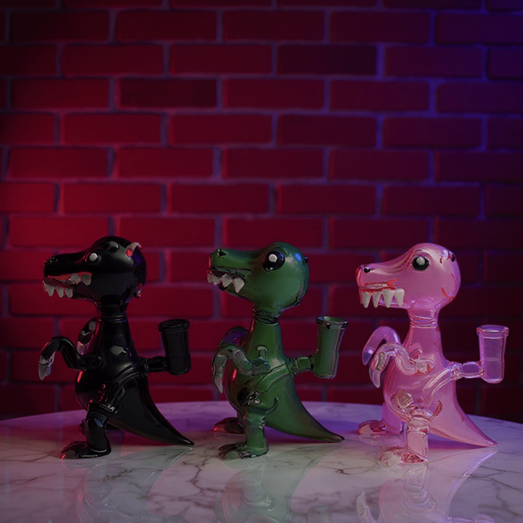 DinoRex Glass Bong - Borosilicate Glass DragonThree dinosaur - shaped glass pipes against a brick wall background