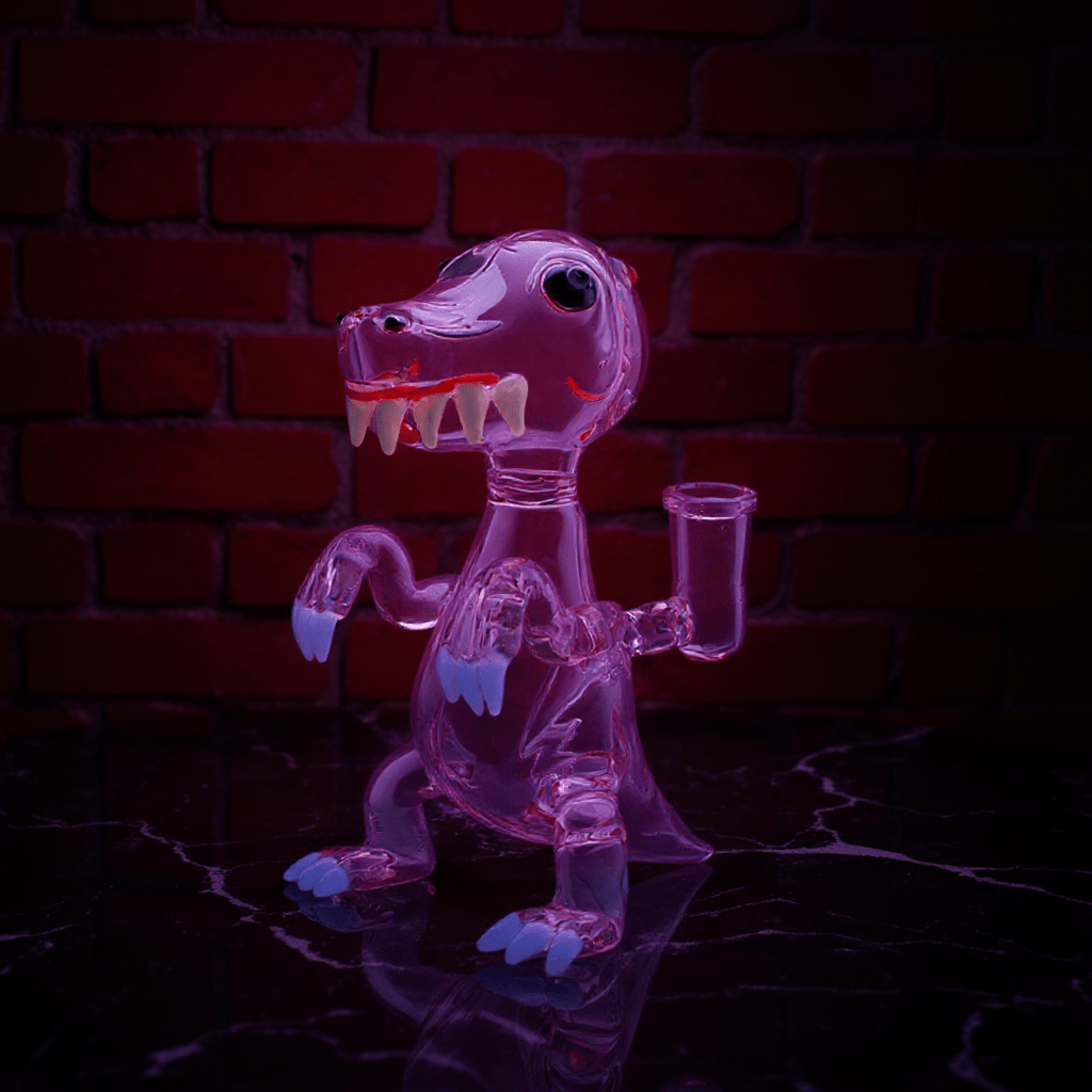 DinoRex Glass Bong - Borosilicate Glass DragonDinoRex Water Pipe - Cute pink dinosaur glass bong with fierce teeth, perfect novelty smoking gift for stoners and collectors.