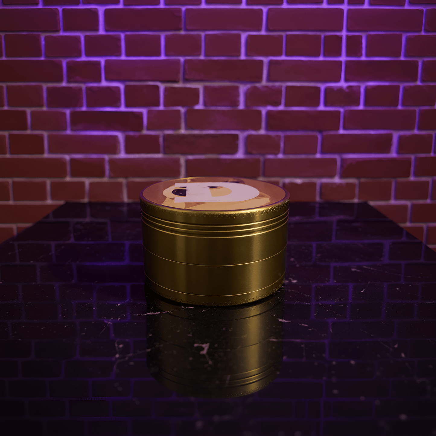 Doge Meme Herb Grinder - Gold - colored metal grinder on a reflective surface with a brick wall background