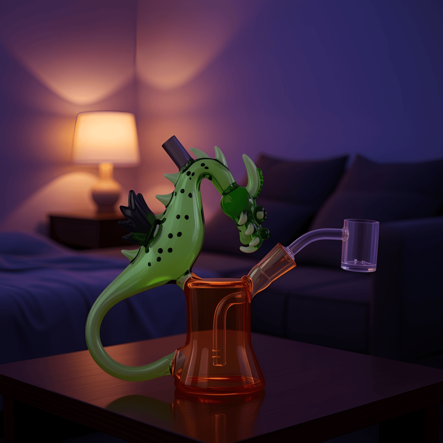 Dragon Rider Bonga deep green dragon beaker bong on a table and smoking vide